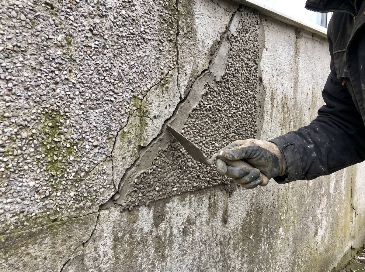Cracked render being repaired and patched